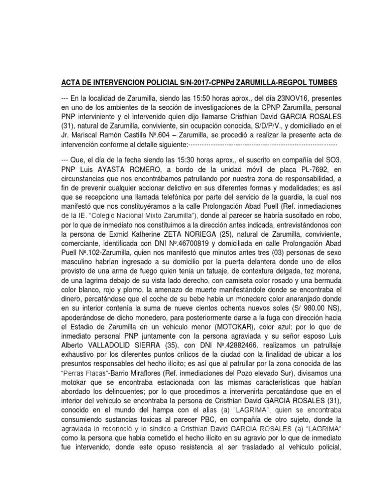 Acta de Intervención Policial en Zarumilla | PDF | Crimen y violencia ...