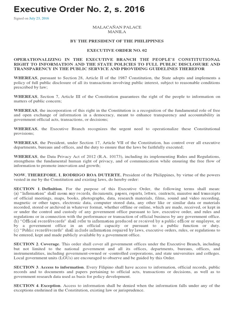 Executive Order No 2 PDF Freedom Of Information Laws By Country