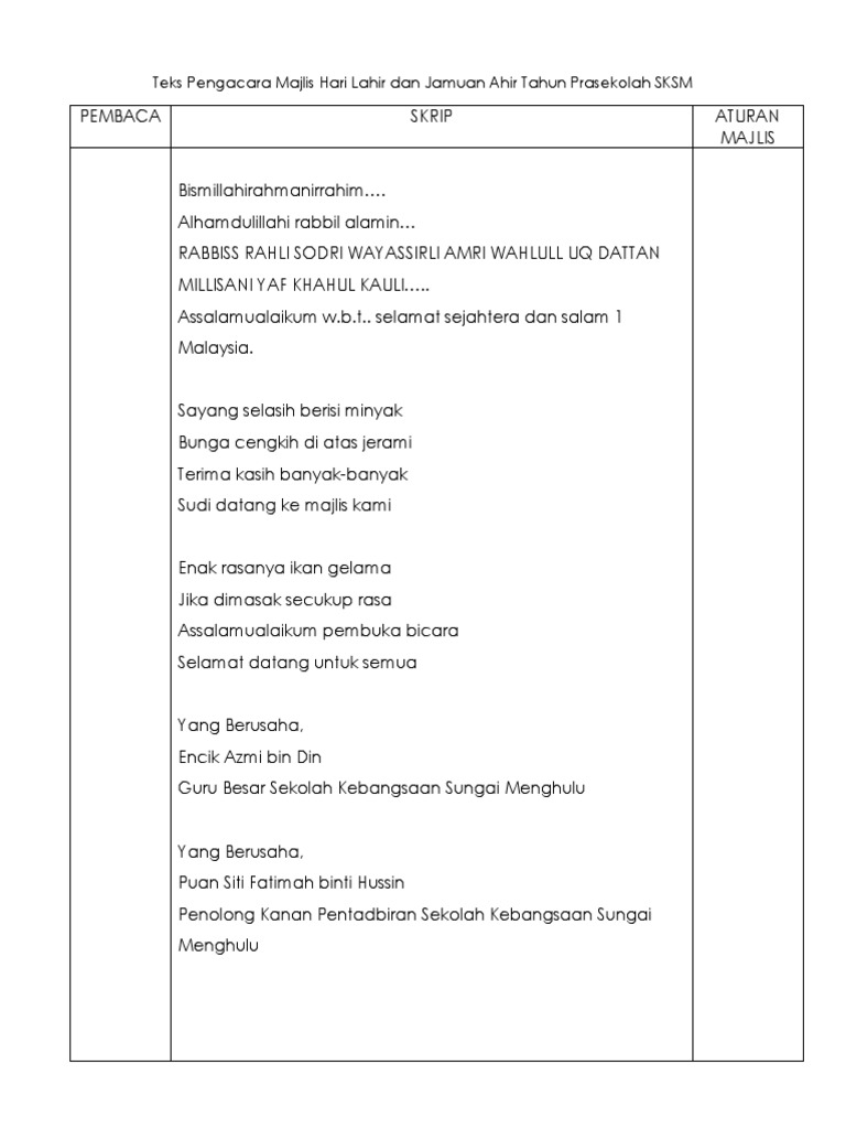 Teks Pengacara Majlis Hari Lahir Dan Jamuan Ahir Tahun Prasekolah SKSM