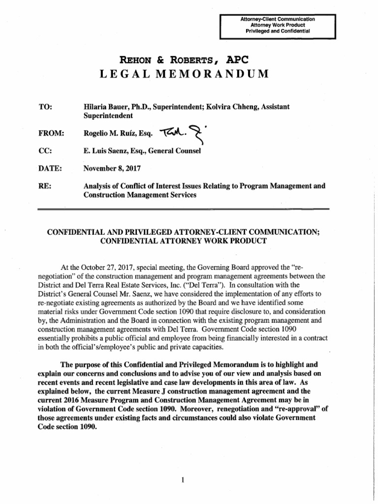 Confidential and Privileged Attorney Memo Re Conflict of Interest
