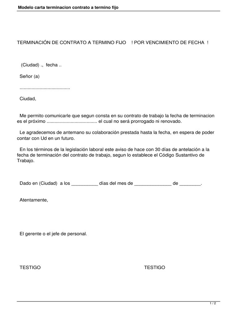Modelo Carta Terminacion Contrato a Termino Fijo Labor Business
