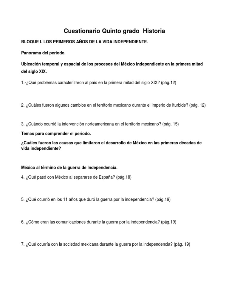 Cuestionario Quinto Grado Historia PDF México Conflictos