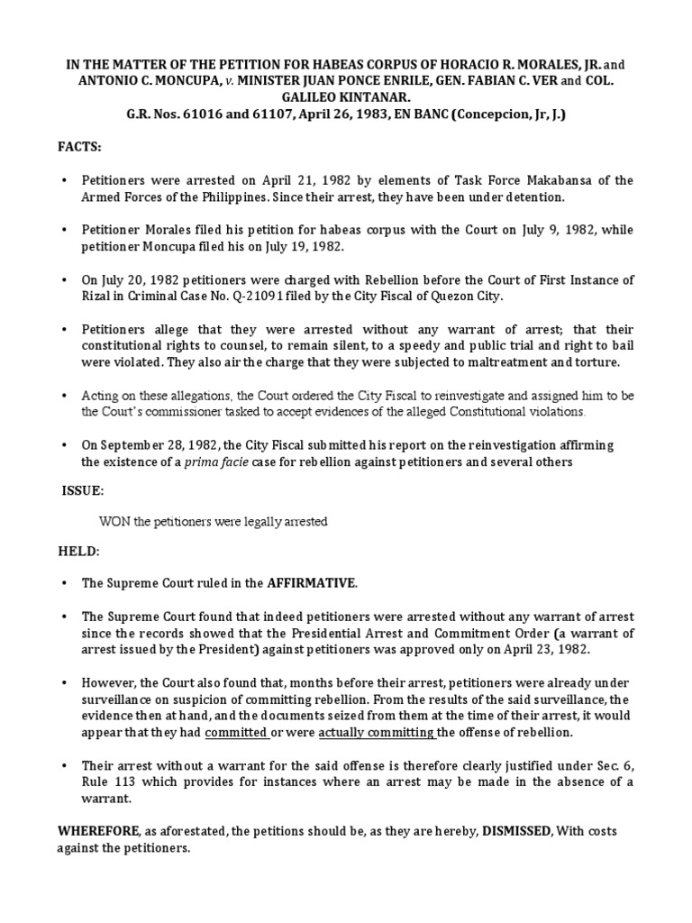 Morales Jr Vs Enrile Digest Arrest Habeas Corpus