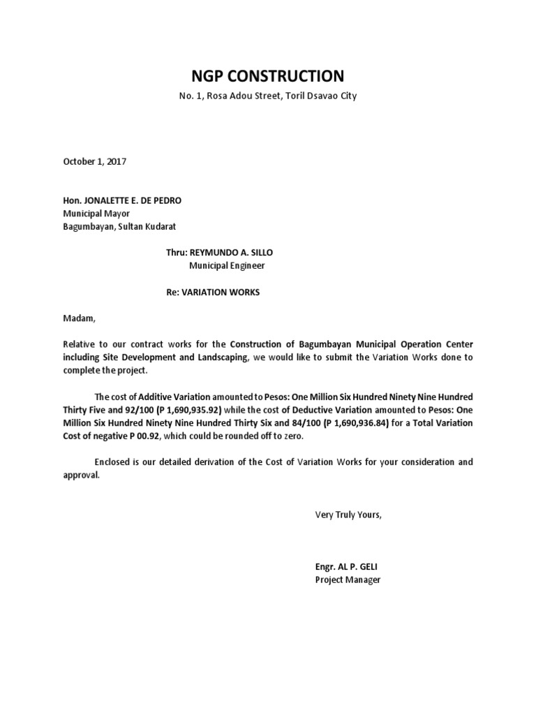 Variation Works Letter PDF