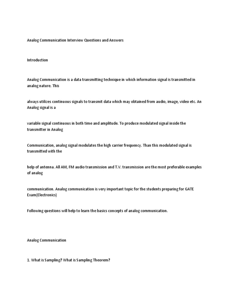 Analog Communication Interview Questions and Answers PDF Frequency