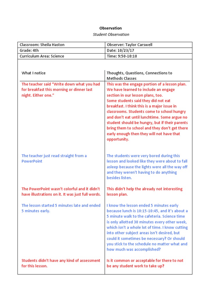 Final Science Lesson Observation Form-4 | PDF | Lesson Plan | Teachers