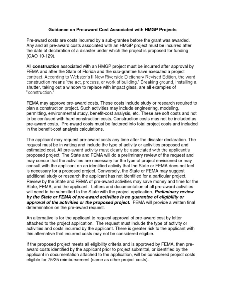 PreAward Cost Guidance PDF Federal Emergency Management Agency