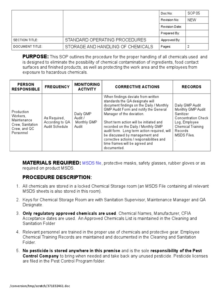 SOP Storage and Handling of Chemicals PDF Safety Prevention