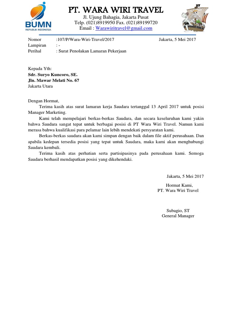 Surat Bisnis Surat Penolakan Lamaran Pekerjaan Tersia Intan Pratiwi Docx