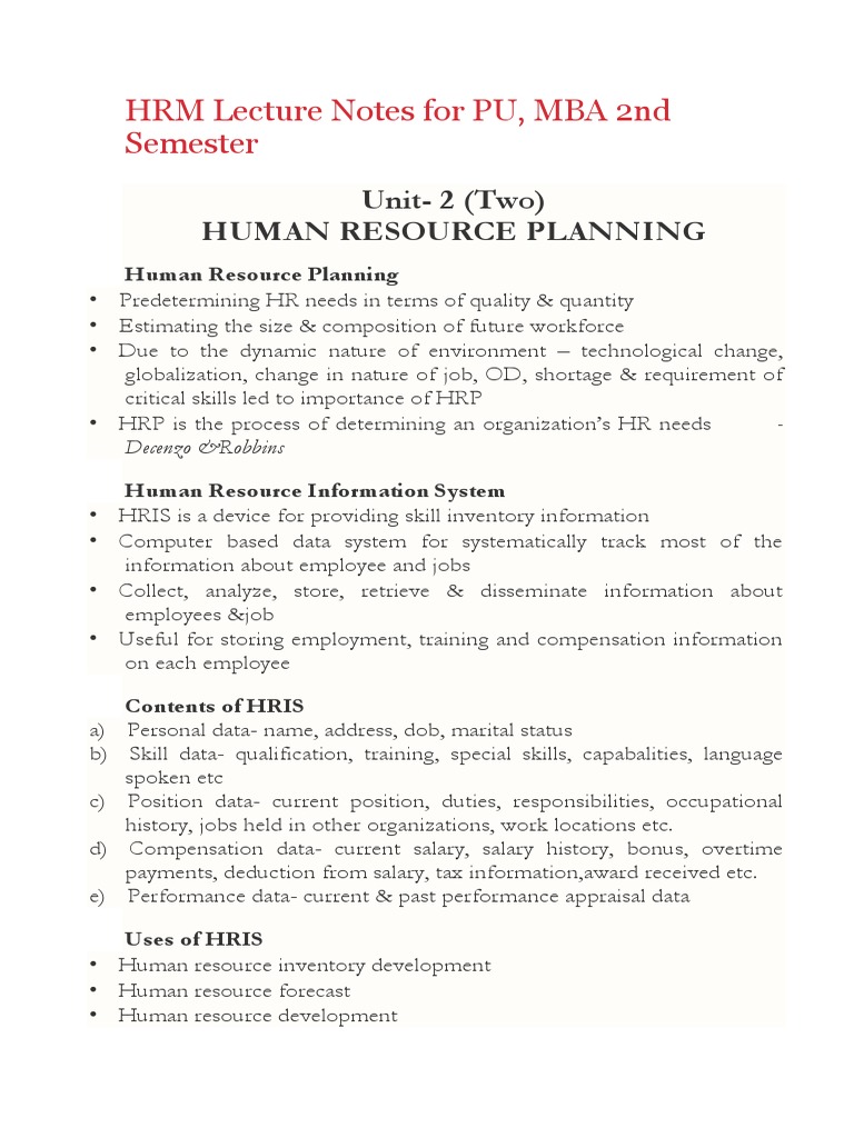 HRM Lecture Notes for MBA Sem 2 | PDF | Performance Appraisal | Recruitment