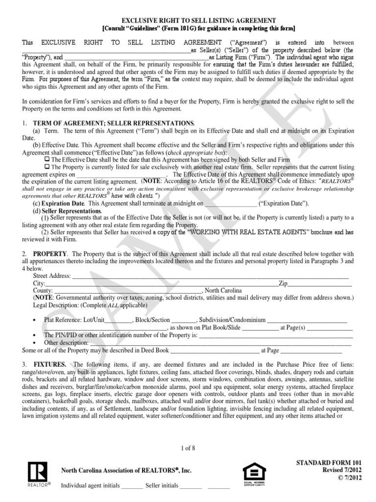 Exclusive Right To Sell Listing Agreement (Consult "Guidelines" (Form