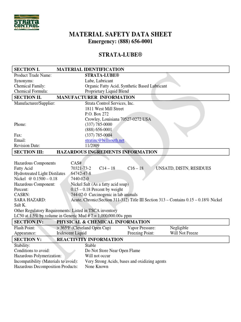 Strata Lube Msds PDF Chemistry Materials