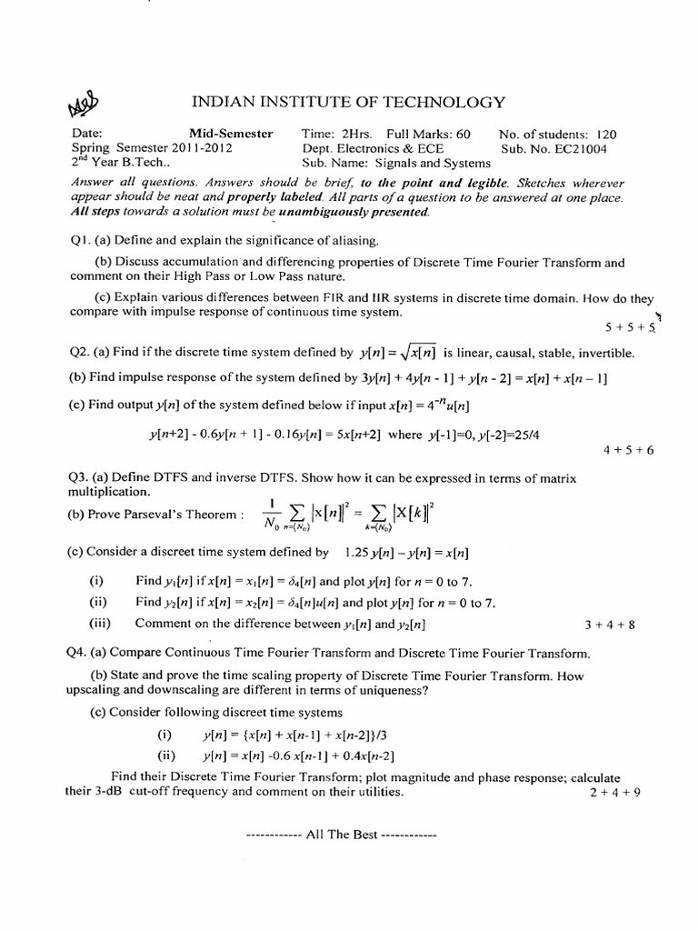 IIT Signals and Systems Mid-Sem Exam 2011 | PDF | Digital Signal ...