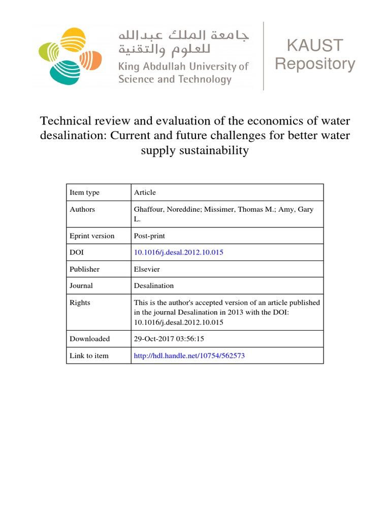 Economics of Water Desalination Paper Desalination | PDF | Desalination ...