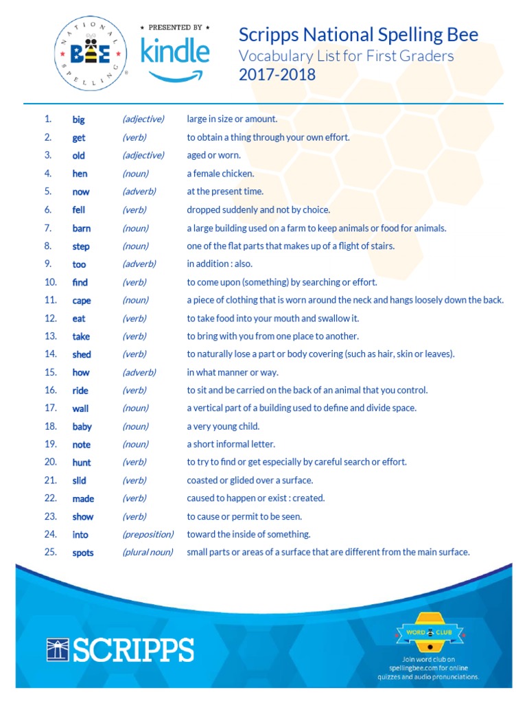 spelling bee vocab list 2 Verb Adjective