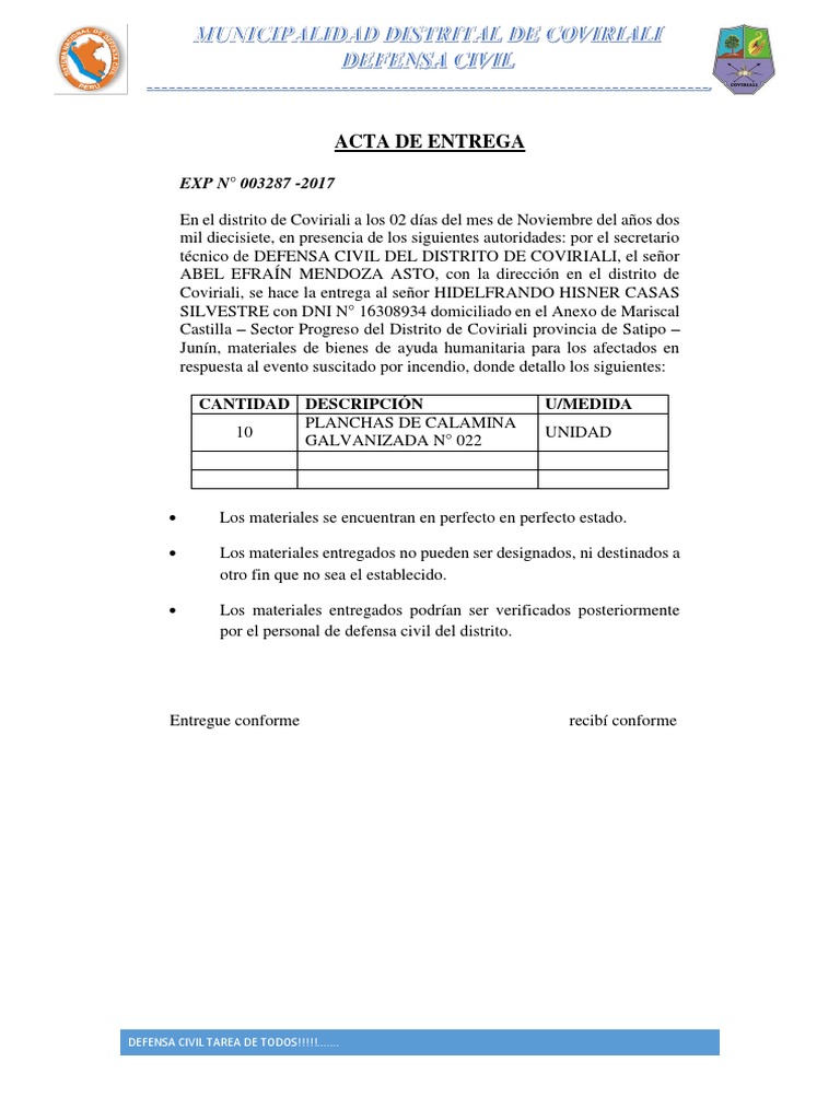 Acta de Entrega de Apoyo Humanitario