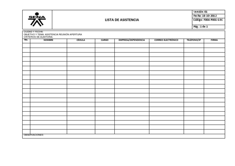 Formato Lista de Asistencia