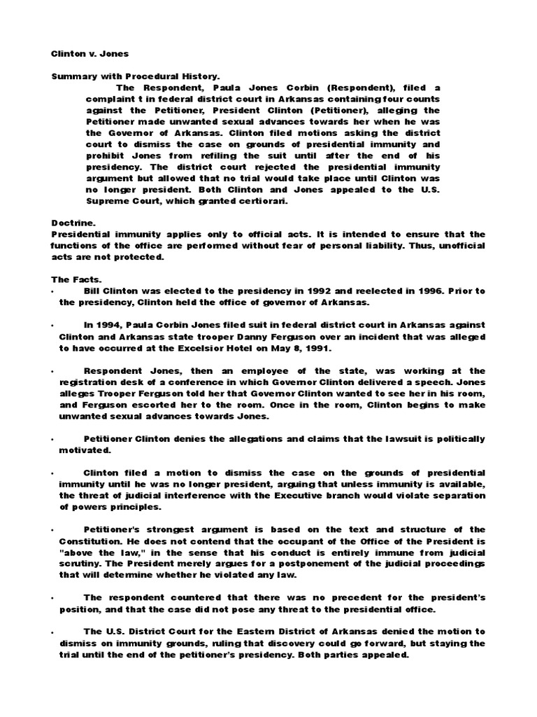 Clinton V Jones Digest PDF Sovereign Immunity Lawsuit
