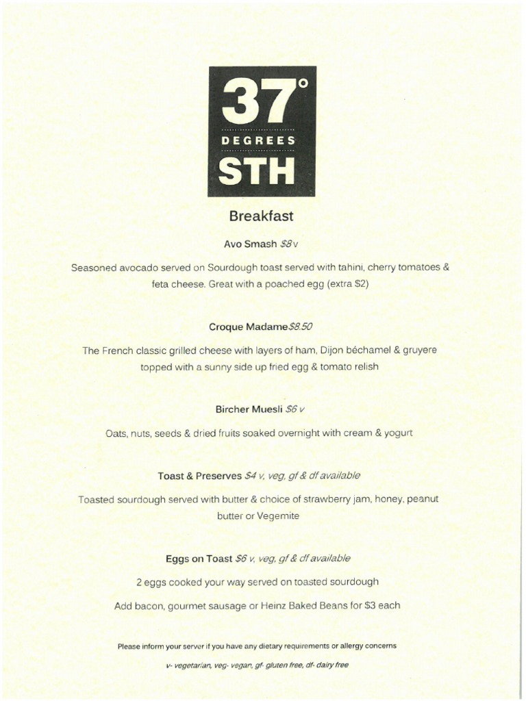 37 Degrees STH Menus