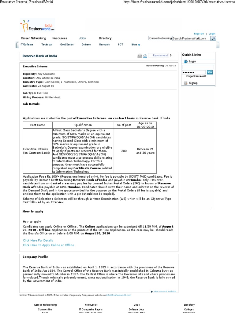 Reserve Bank of India Executive Interns | PDF | Online And Offline ...