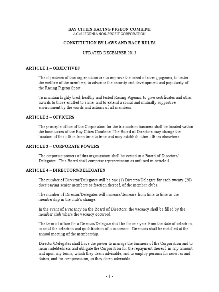 Bay Cities Pigeon Club Constitution | PDF | Indemnity | Board Of Directors
