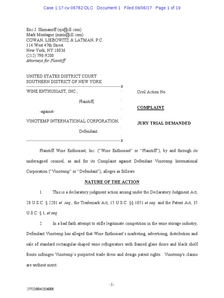 Wine Enthusiast v. Vinotemp Complaint PDF Trade Dress Trademark