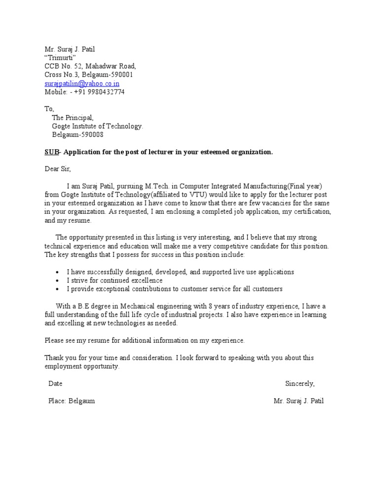 Application Letter Lecturer Engineering Science