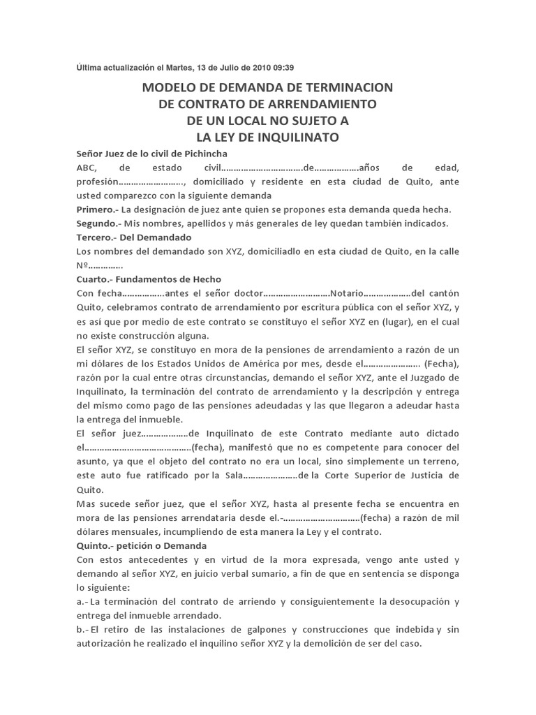 Terminacion de Contrato de Arrendamiento de Un Local No Suje