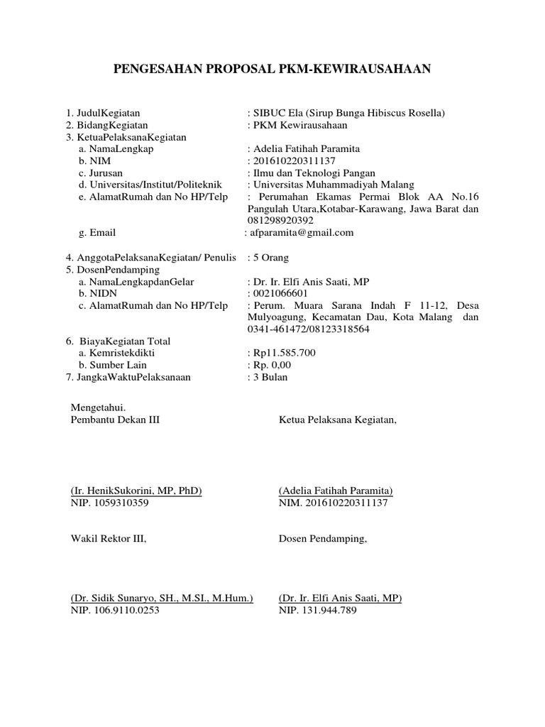 Pengesahan Proposal PKM | PDF | Sains & Matematika