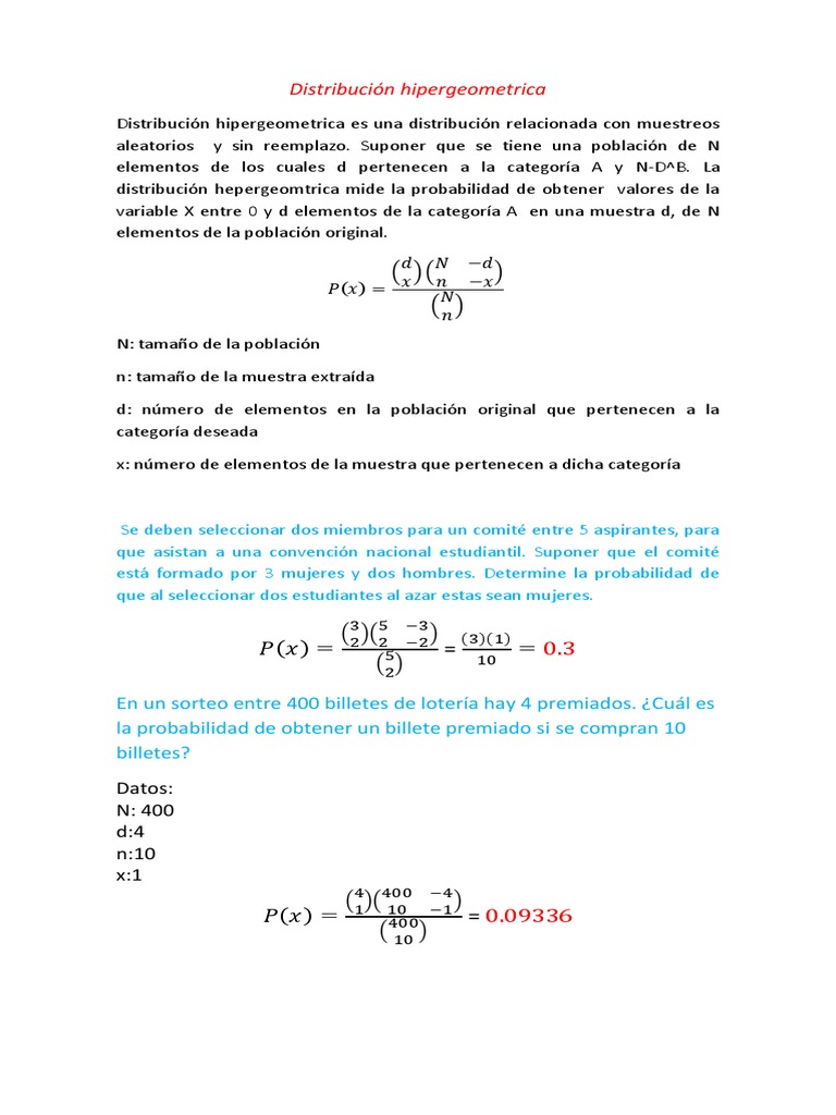 Fórmula y Ejemplos de Distribución Hipergeométrica | PDF | Probabilidad ...