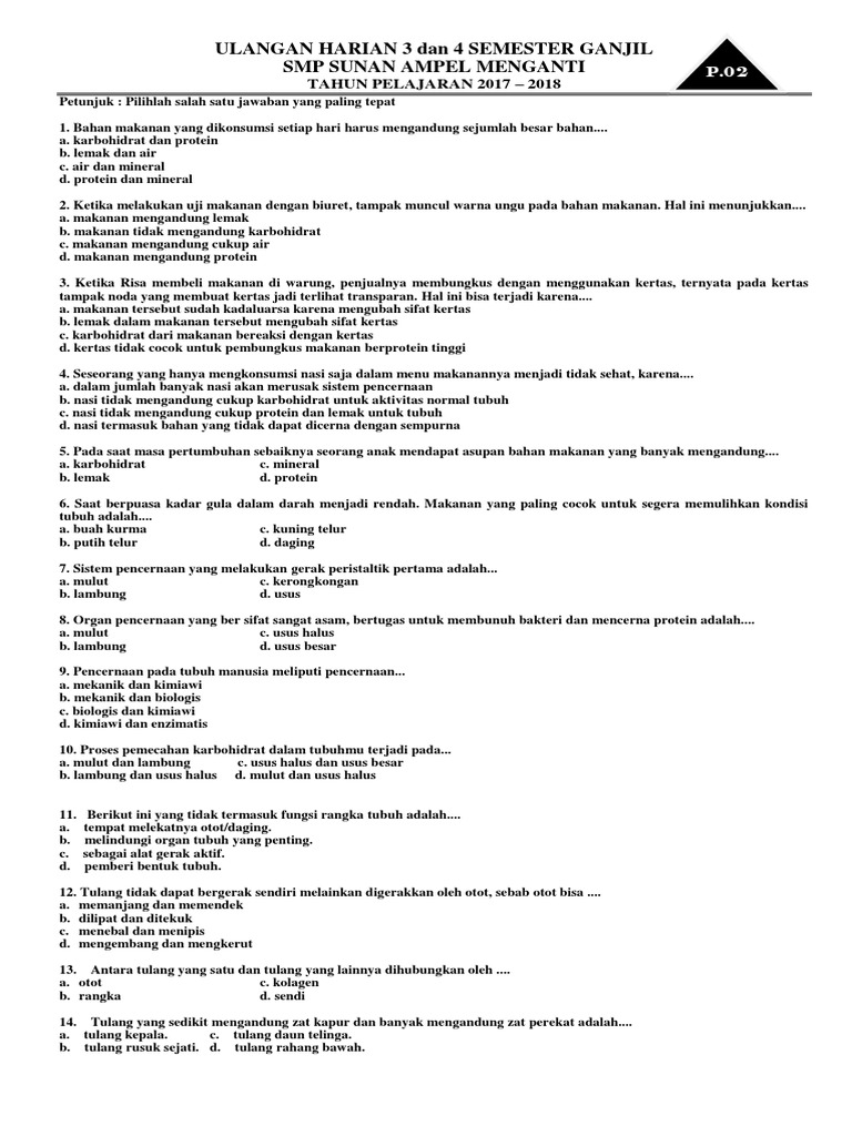 Soal Ipa Sistem Pencernaan Makanan Kelas 8 Semester 1 Pdf