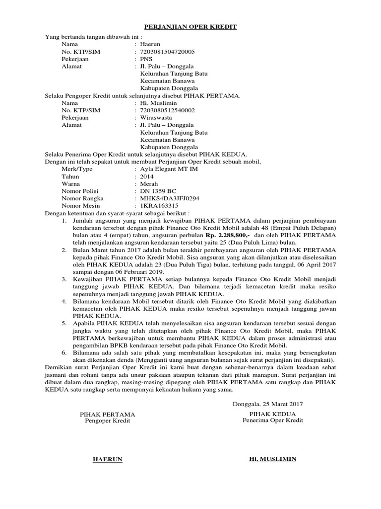 Surat Perjanjian Oper Kredit