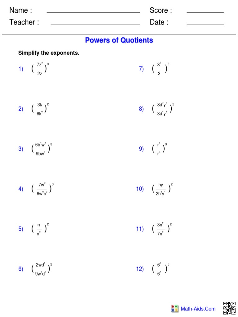 Math Exponents Practice Sheet | PDF