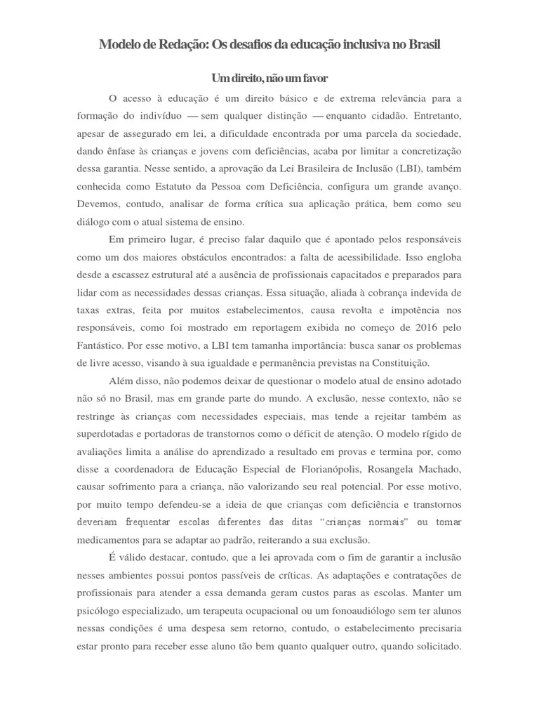 Modelo de Redação-Os Desafios Da Educação Inclusiva No Brasil | PDF ...