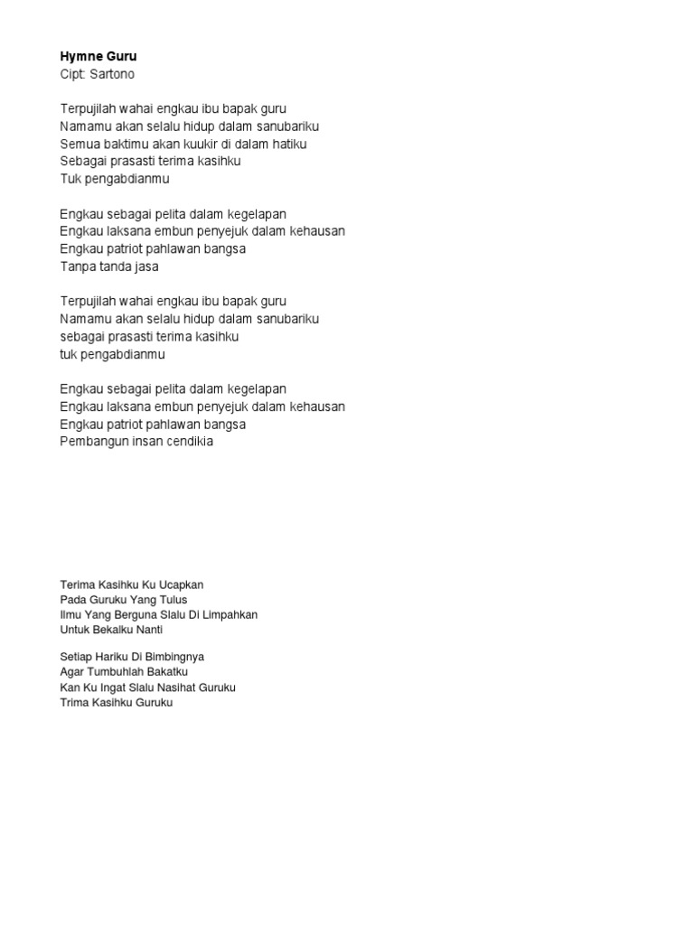 Lirik Lagu Hymne Guru