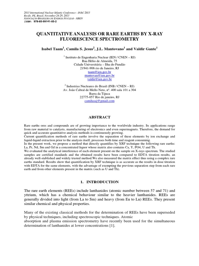 Quantitative Analysis or Rare Earths by XRay Fluorescence Spectrometry