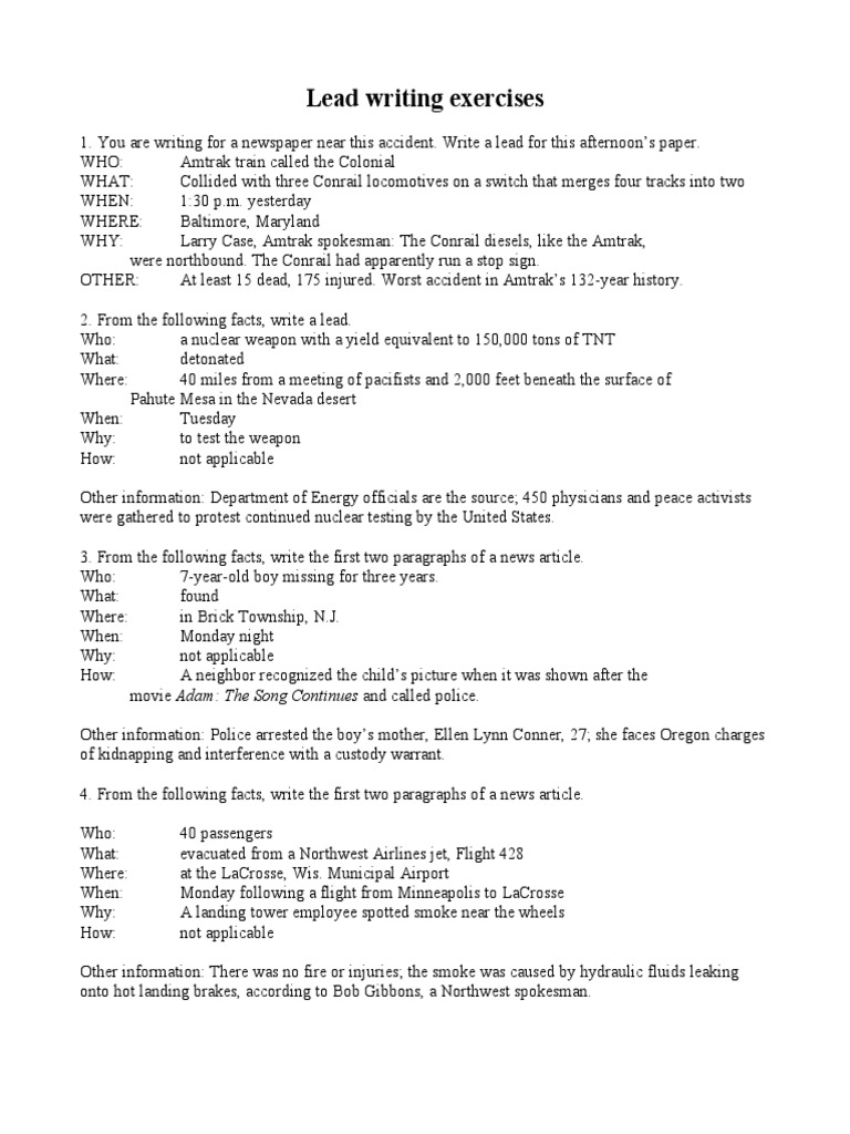 Lead Writing Exercises for News Articles | PDF | Travel