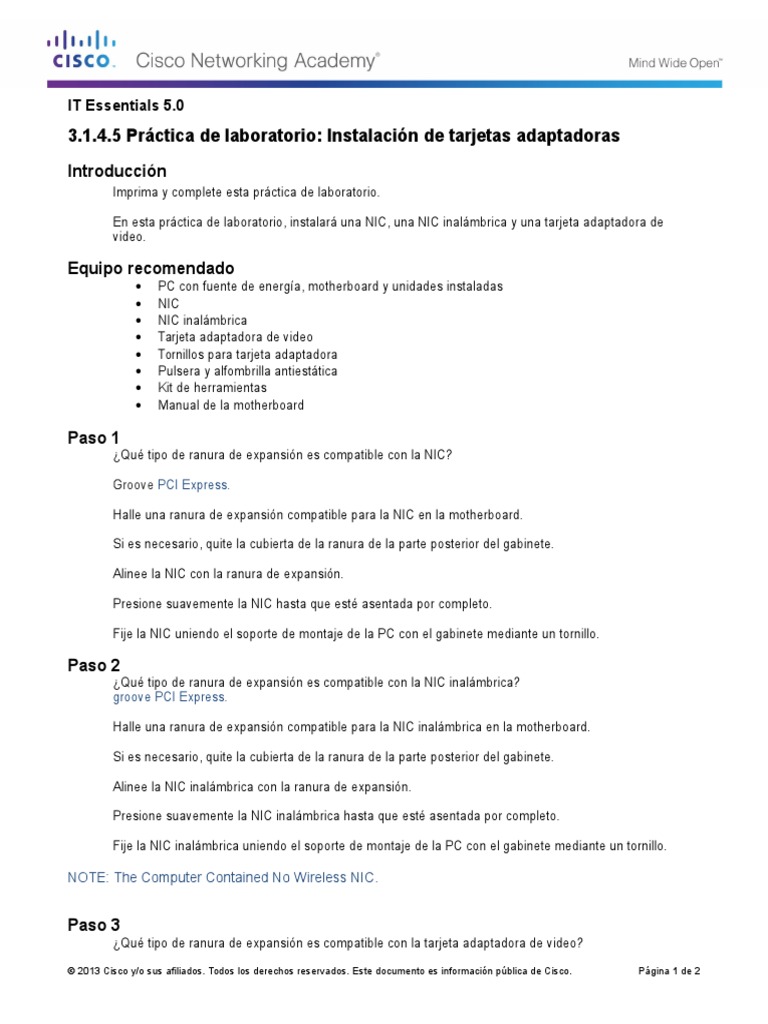 3.1.4.5 Lab Install Adapter Cards PDF Ingeniería Electrónica