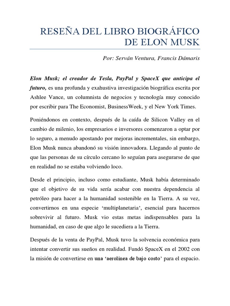 Biografía de Elon Musk: Resumen y Análisis | PDF | Elon Musk | Espacio X