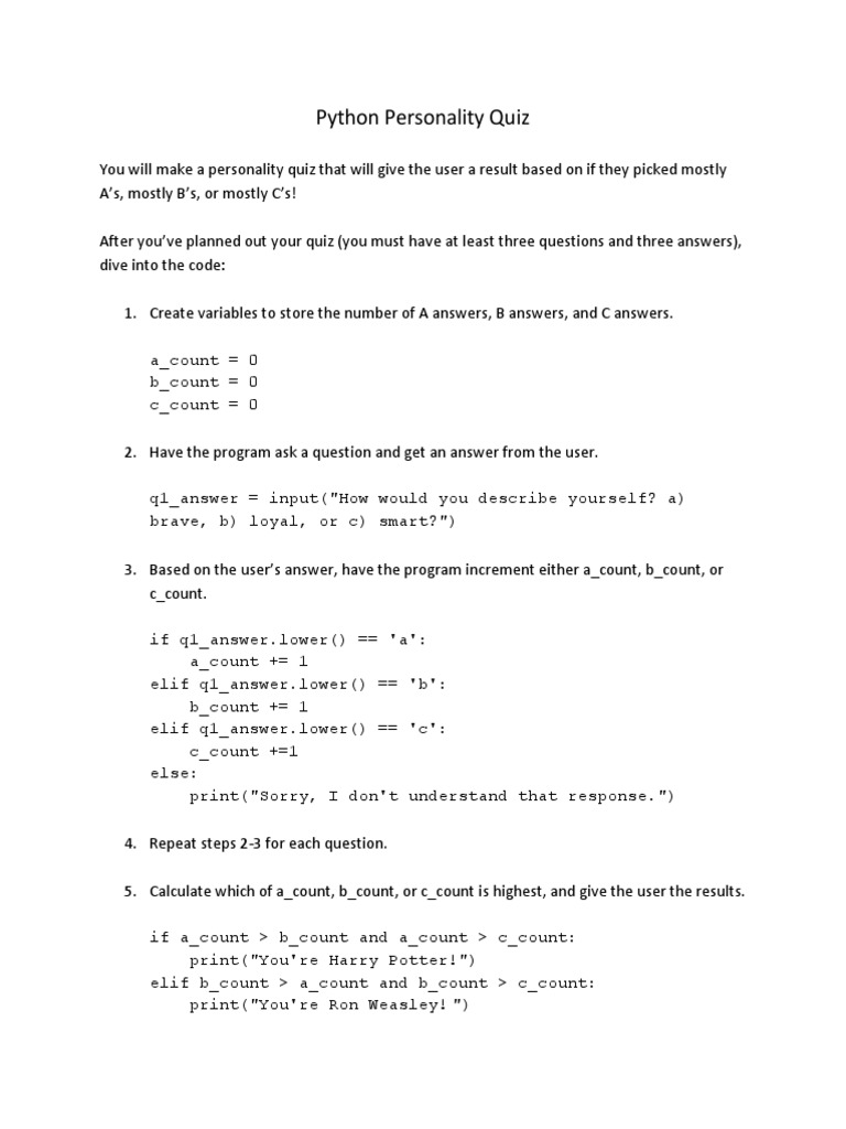 Python Personality Quiz | PDF