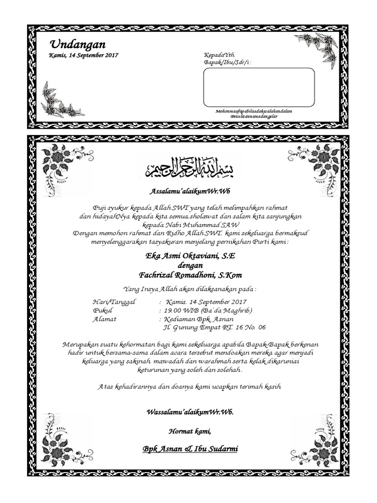 Contoh Undangan Pengajian Nikah Reiza Dan Juwita