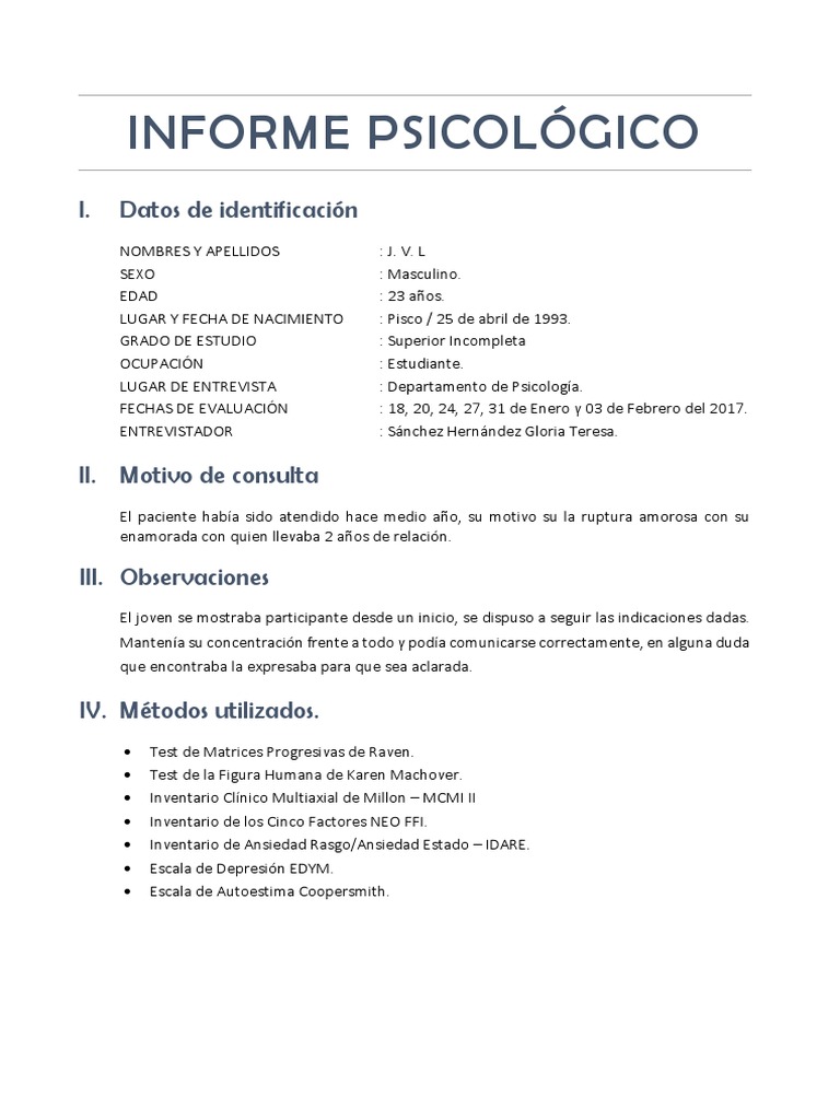 Informe Clínico Psicológico de J. V. L. | PDF | Ansiedad | Las emociones