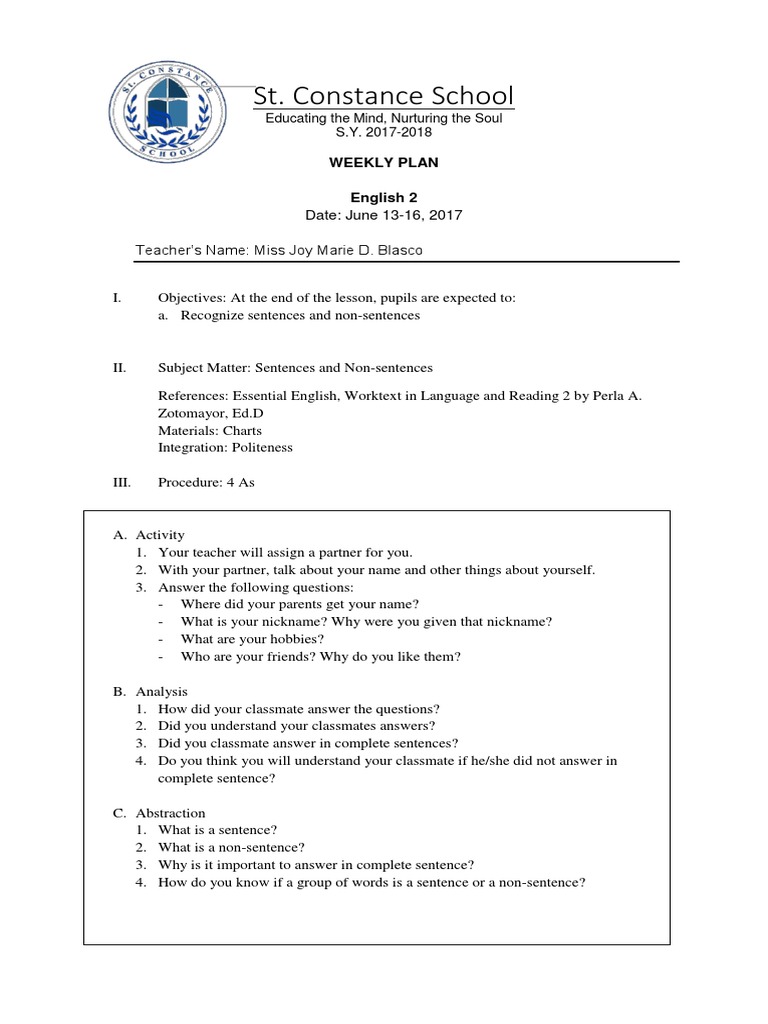 English 2 Weekly Lesson Plan | PDF