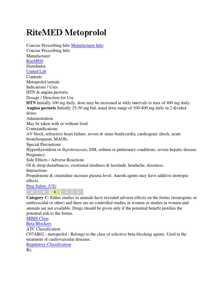 RiteMED Metoprolol | PDF | Myocardial Infarction | Dose (Biochemistry)