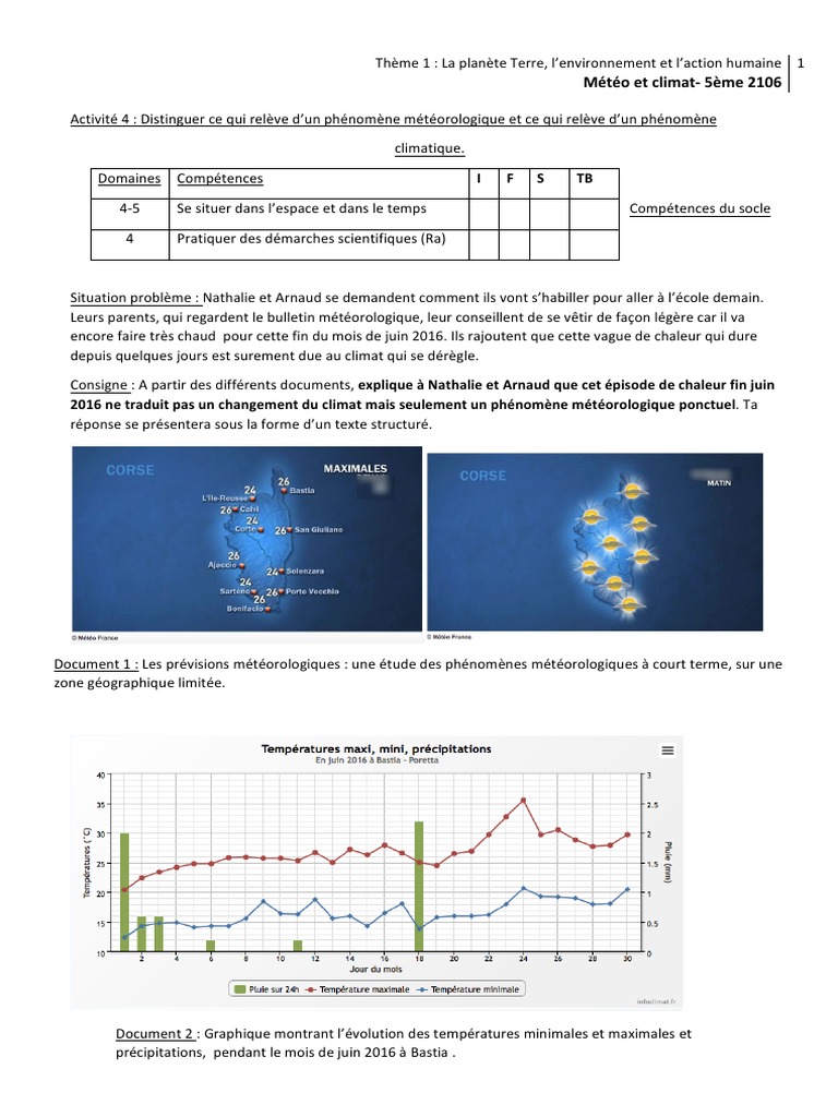 Exercices Corrigés Météo Et Climat Svt 5ème évaluation Pdf Activite 4 Distinguer Meteo Et Climat | PDF | Météorologie | Climatologie