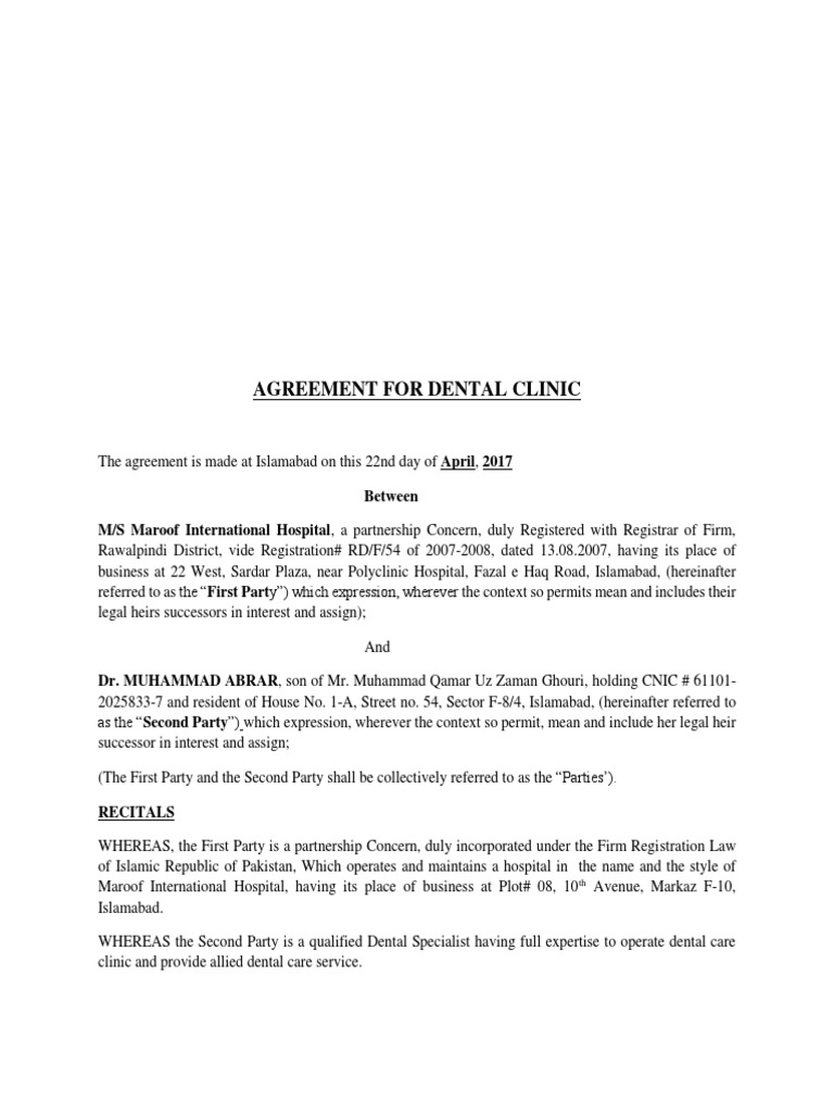 Dental clinic agreement.docx Indemnity Arbitration