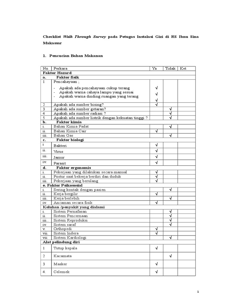 Checklist K3 Instalasi Gizi RS Ibnu Sina | PDF