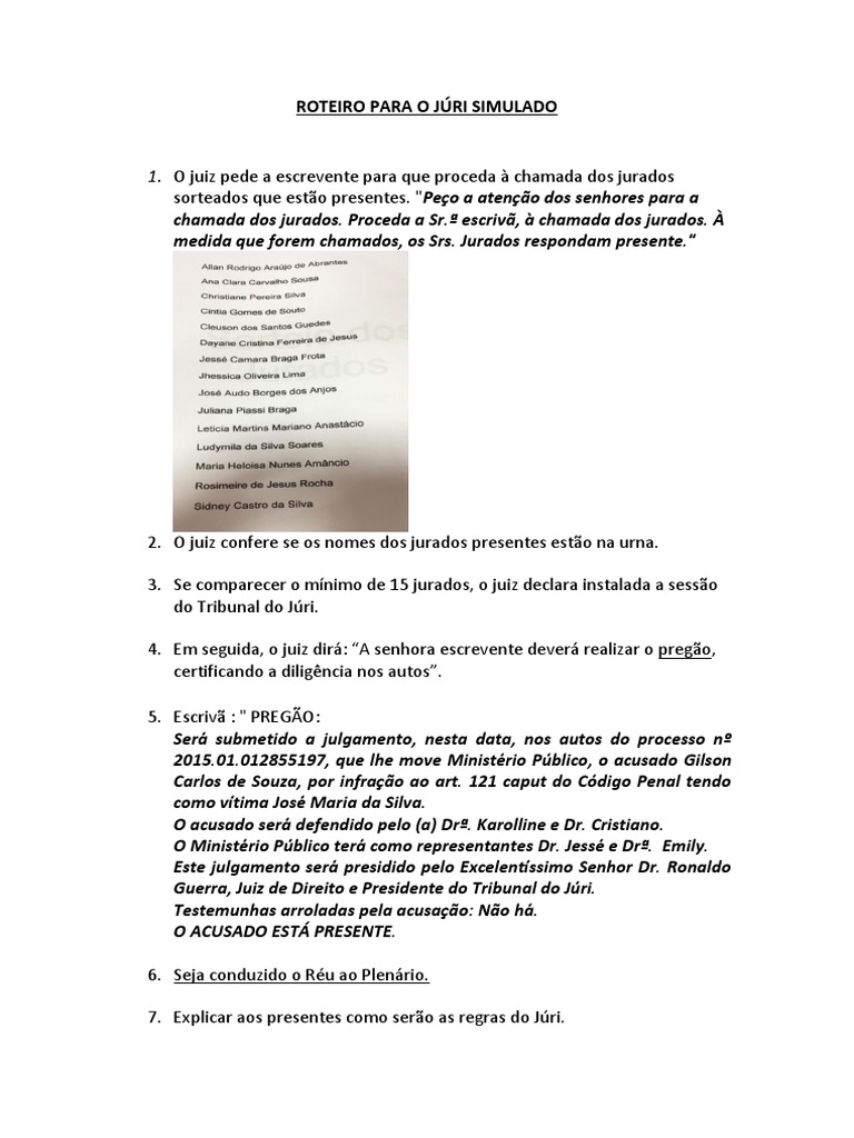 Roteiro de Júri Simulado Escolar | PDF | Sentença (jurídico ...