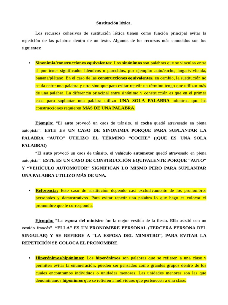 Ejemplos de sustitución léxica | PDF | Palabra | Pronombre