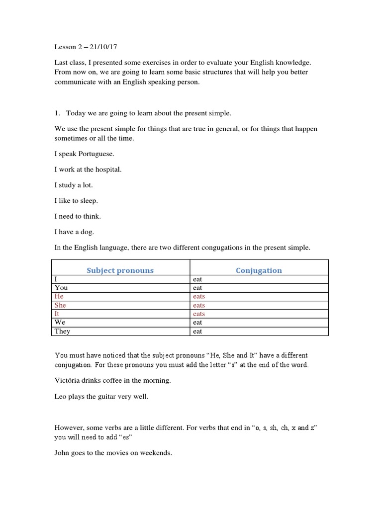 Subject Pronouns Conjugation: He Eats She Eats It Eats | PDF ...